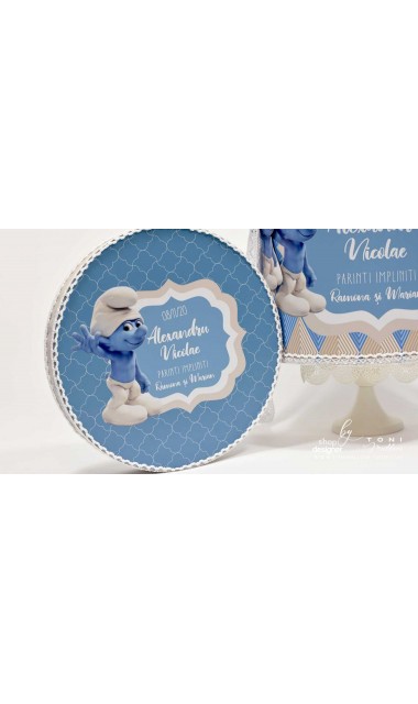 Trusou botez cu strumfii si broderie personalizata in nuante de crem si albastru Bebe Strumf 22